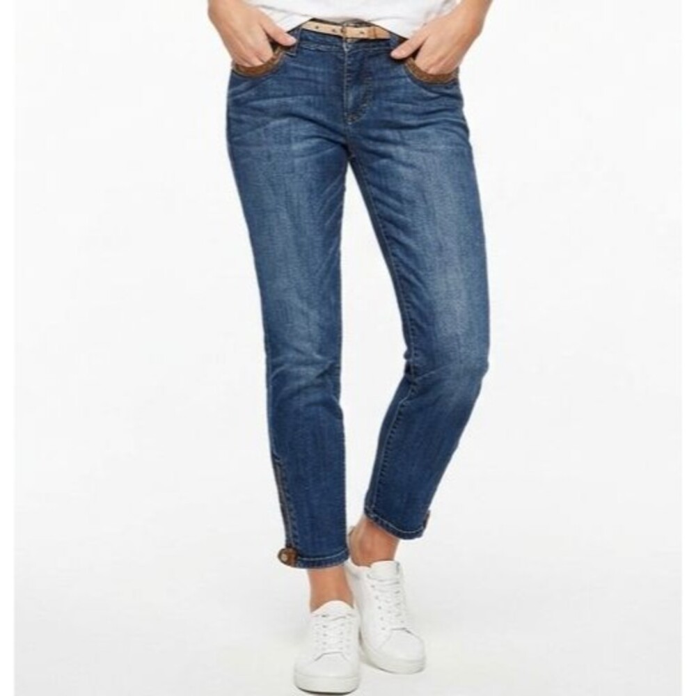 White House Black Market Skimmer Jeans 00 Leather Trim Ankle Zip Blue 25x27